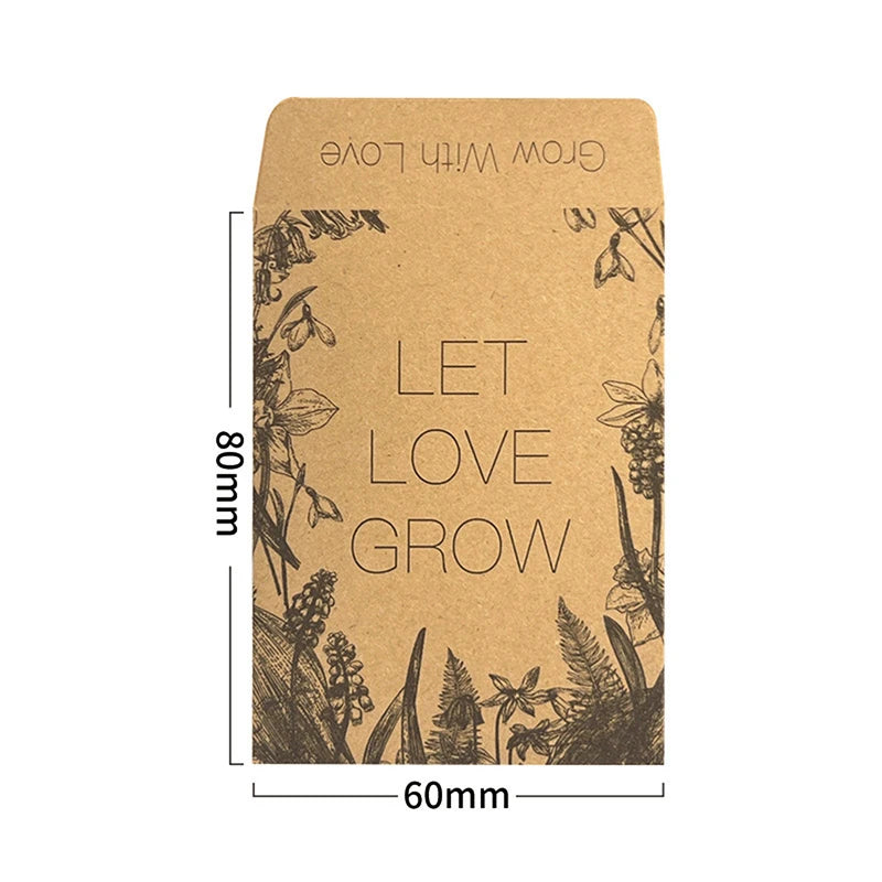 A square kraft paper seed packet with botanical illustrations and the words 'LET LOVE GROW' printed on the front, shown with dimension lines indicating 80mm height and 60mm width on a white background.
