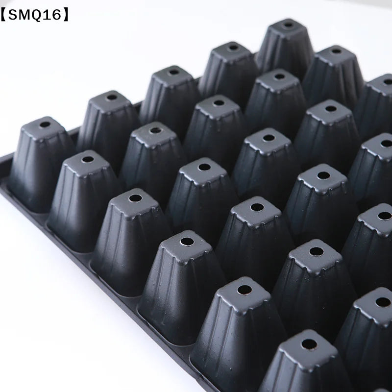 A close-up of a black plastic seed starter tray with multiple conical cell compartments arranged in rows on a white background. The text '[SMQ16]' appears in the top-left corner.
