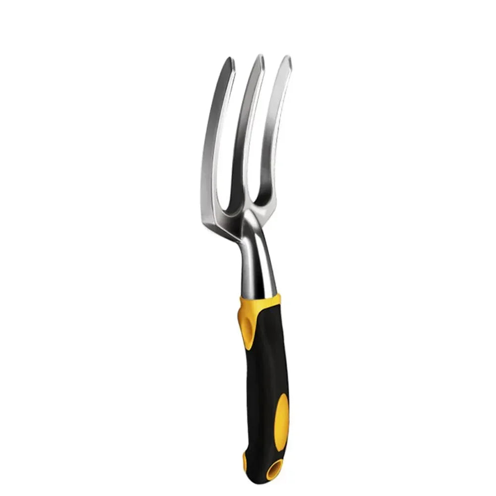 Gardening fork with black and yellow handle on a white background