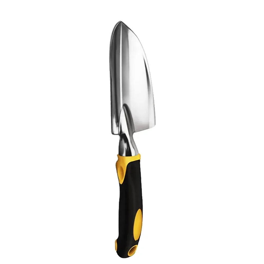 Trowel with metal blade and black and yellow handle on a white background