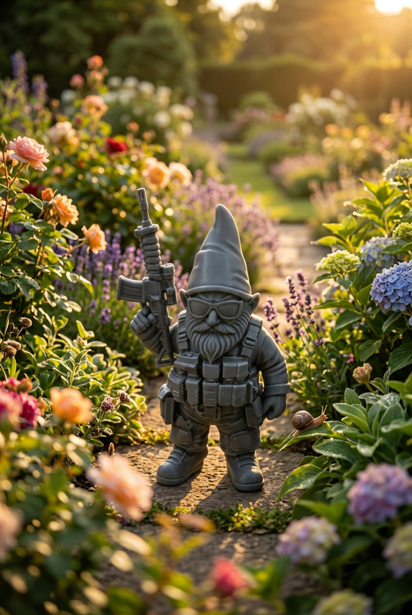 Tactical Combat Gnome in Garden