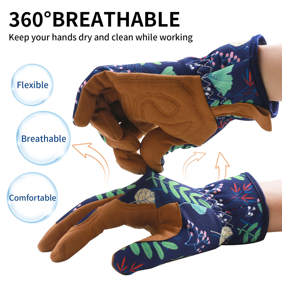 Gardening gloves with floral pattern and brown accents, labeled as 360° breathable, flexible, breathable, and comfortable.