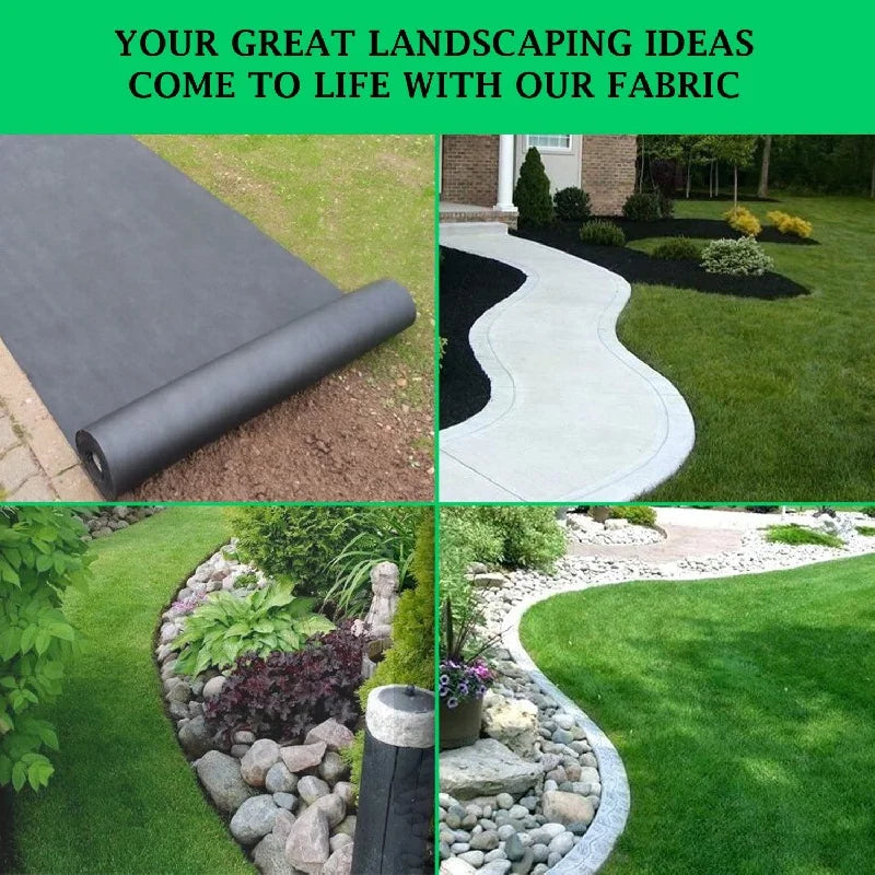 Landscaping fabric with images of a garden and pathway, promoting its use in landscaping.