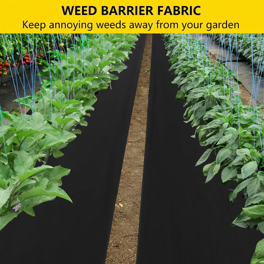 Garden with weed barrier fabric running through it, labeled 'Weed Barrier Fabric'.