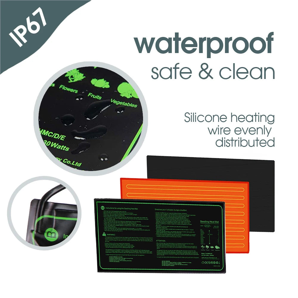 Waterproof silicone heating pad set with a black main pad, an orange inner heating layer, and two circular inset detail views showing water droplets and a close-up of the heating wire. Text on the image reads 'IP67 waterproof safe & clean' and 'Silicone heating wire evenly distributed'.